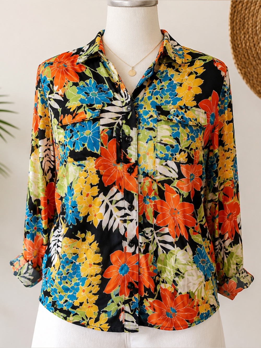 Multiples Tropical Floral Button Down Blouse Colorful Resort Small